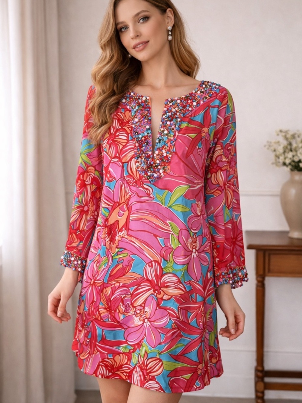Lilly Pulitzer Pink Floral Beaded Tunic Dress Size 10 Resort Chic - Picture 7 of 11